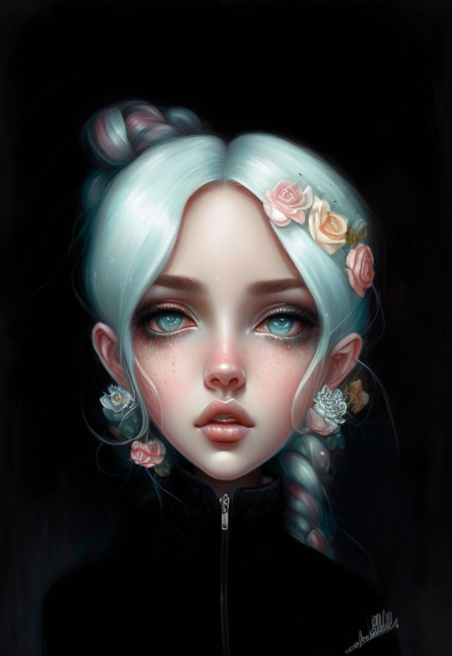 Girl with Pastel Blue Hair and Roses Illustration on Dark Background
