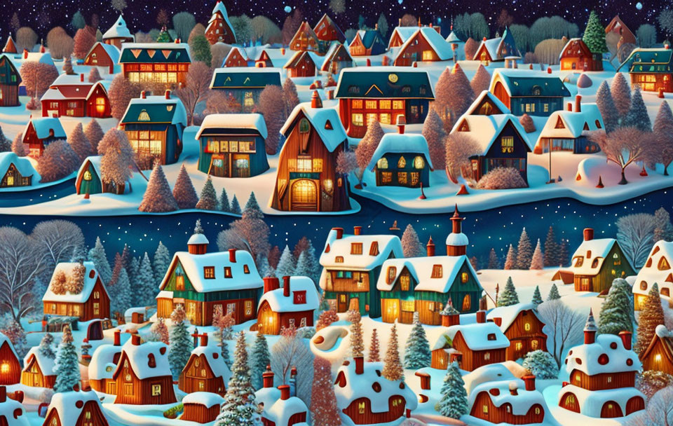 Snow-covered winter village with glowing houses and festive decorations