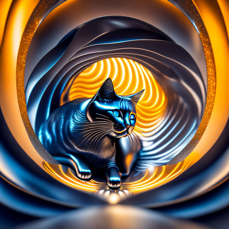 Blue Glossy Cat with Glowing Stripes in Swirling Orange and Blue Tunnel