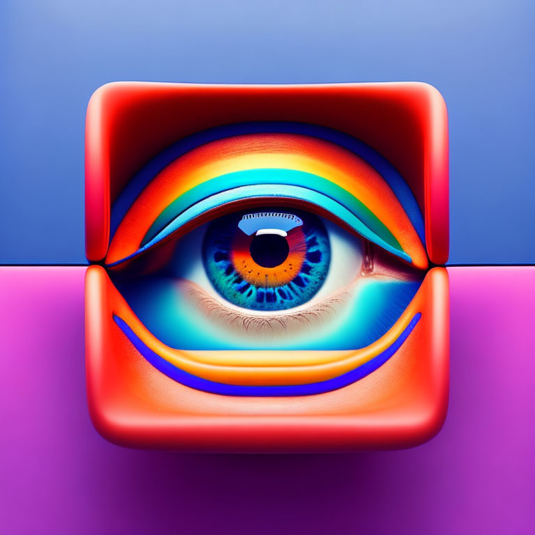 Abstract digital artwork: Human eye in multicolored, wavy layers.