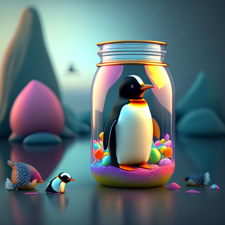 Whimsical penguin in glass jar with candies, fish, and blue backdrop