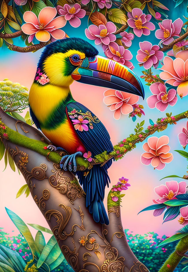 Colorful Toucan Illustration on Decorative Branch with Pink Flowers & Teal Background