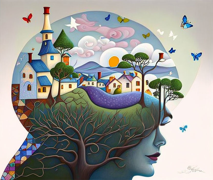 Illustration of woman's profile merging with scenic village and tree canopy, set in whimsical landscape with