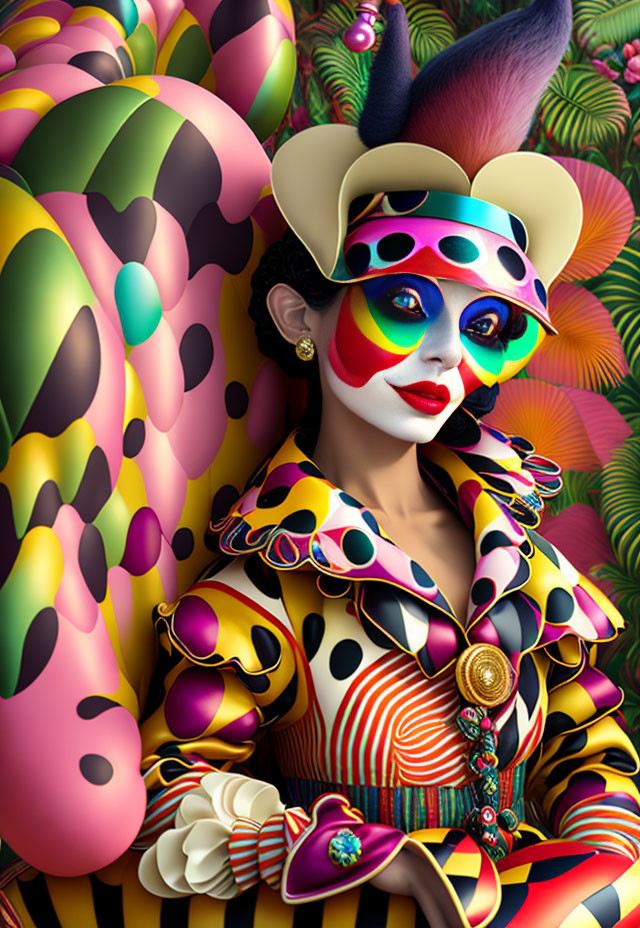 Colorful digital art portrait with elaborate makeup and patterned outfit against abstract background.
