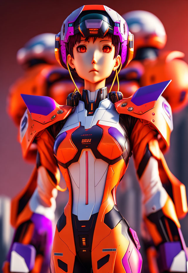 Detailed Orange and White Mech Suit Female Character Artwork