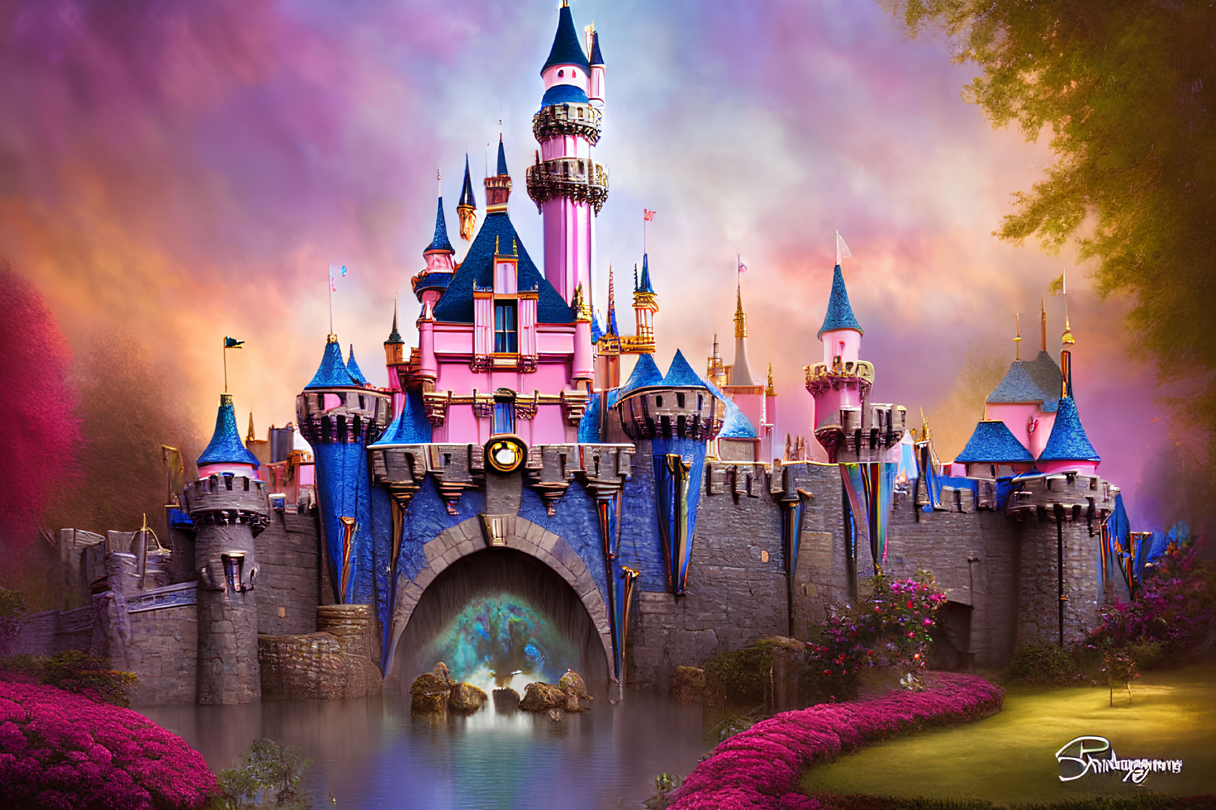 Fantasy castle with pink and blue towers under pink sky