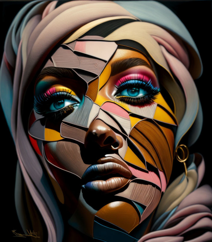 Colorful Stylized Digital Portrait of Woman with Fragmented Face and Dramatic Makeup