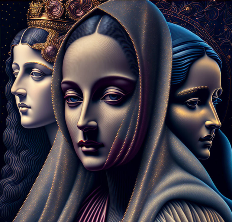 Three stylized female faces with intricate adornments and contrasting expressions against a dark background.