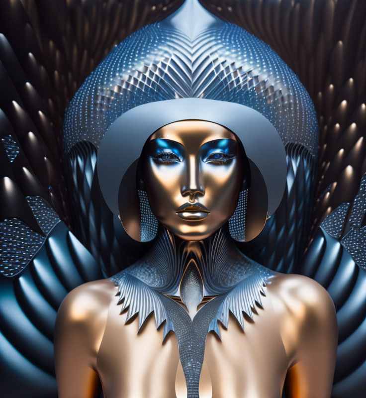 Futuristic metallic female figure with blue highlights and intricate headgear on patterned backdrop.