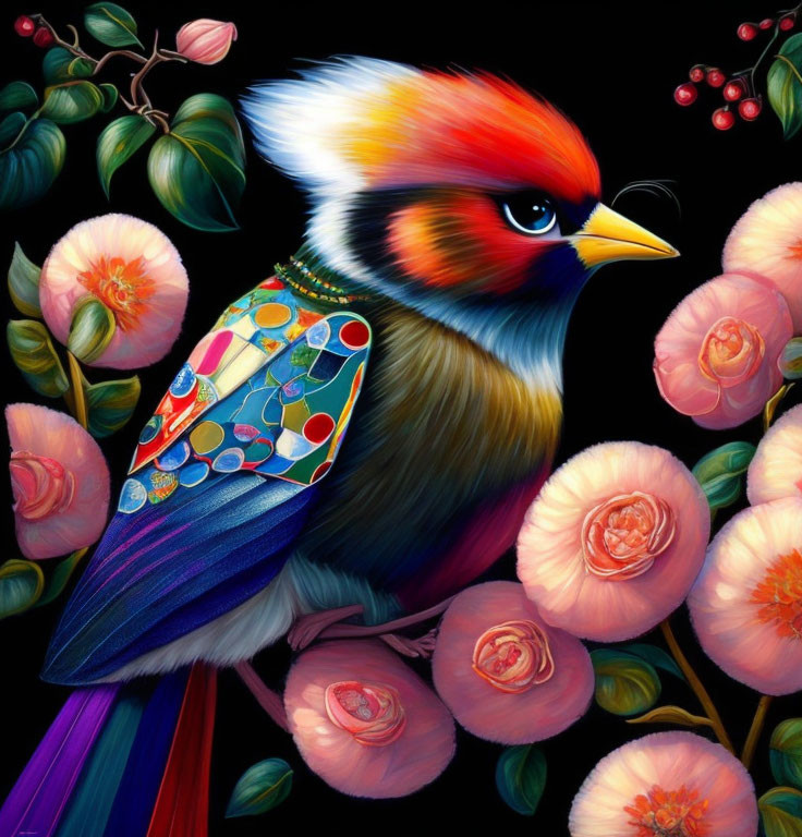 Colorful stylized bird in floral setting on dark backdrop