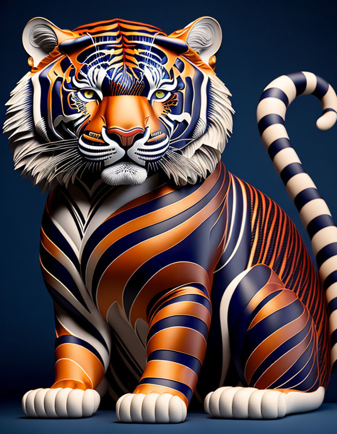 Seated tiger digital illustration with blue and orange stripes