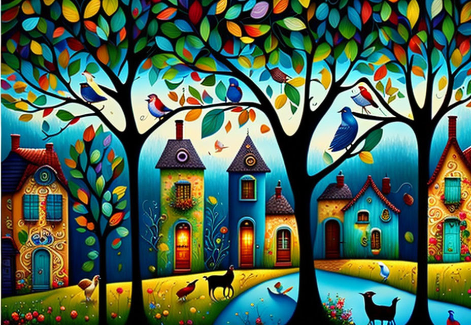 Colorful whimsical painting of stylized trees, houses, animals, and birds under starry sky
