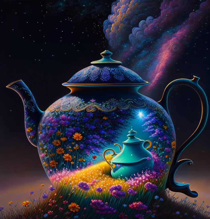 Colorful Surreal Teapot Illustration with Starry Night and Floral Meadow Design