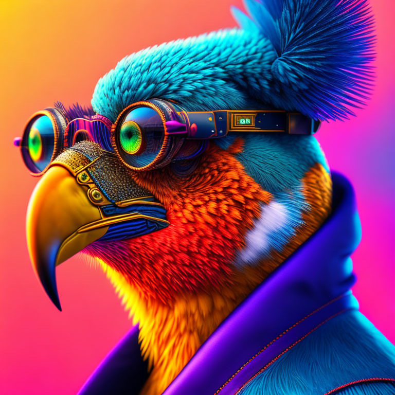 Vibrant Bird Artwork with Goggles and Headphones in Orange and Blue