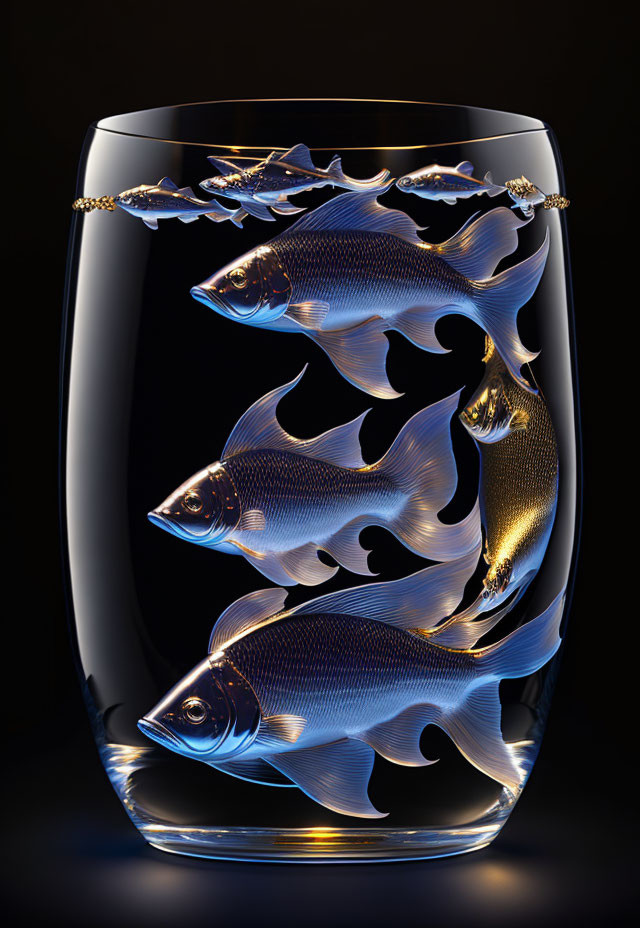 Intricate Golden and Black Fish Design on Glass