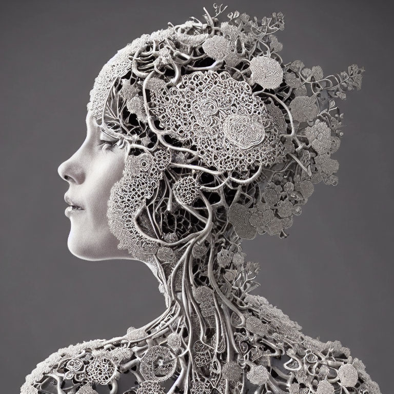 Human profile with metallic lace-like structures on head and hair against grey background