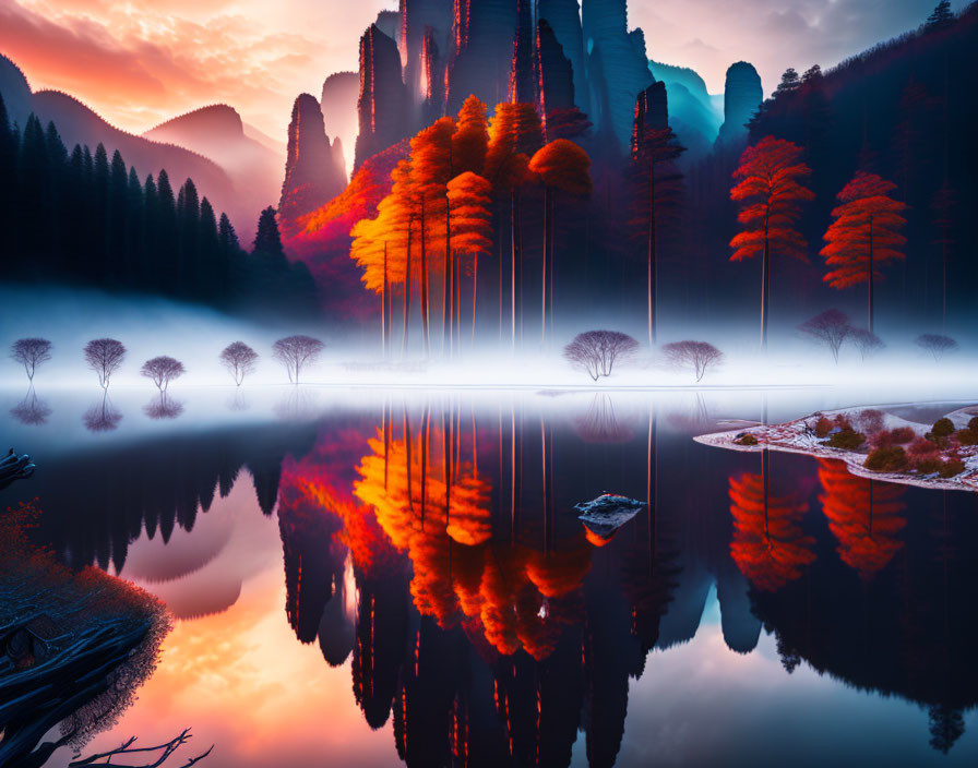 Twilight scene: Misty lake, orange trees, mountains, gradient sky