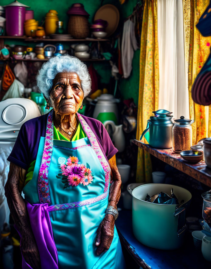 Elderly woman in blue apron in colorful kitchen