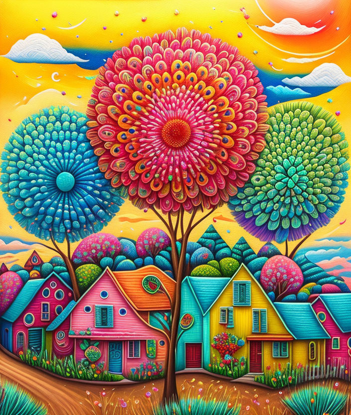 Colorful landscape with oversized flowers and vibrant houses under a yellow sky.