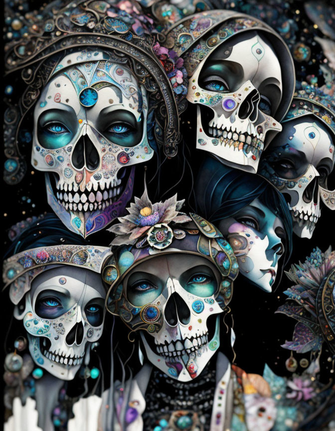 Colorful Dia de los Muertos skull face illustrations with floral designs.