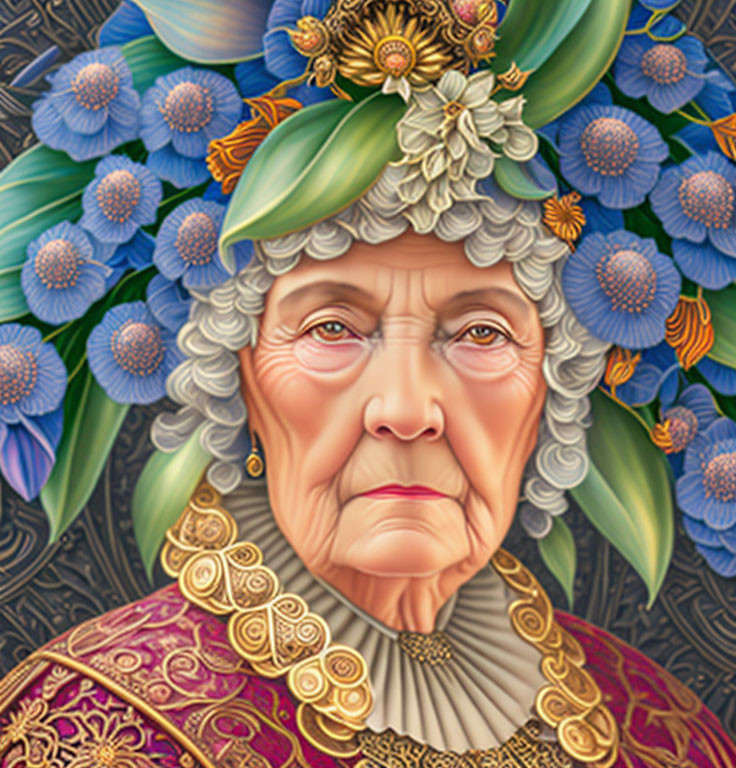 Detailed portrait of stern elderly woman in floral headdress and vintage attire