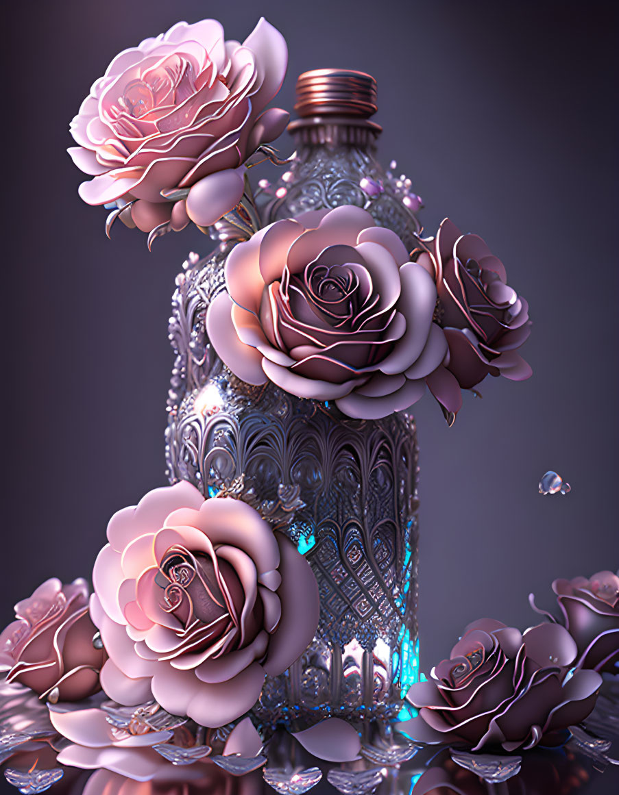 Pink roses and bottle 