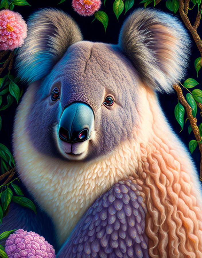 Detailed Illustration of Purple and Peach Koala in Lush Greenery