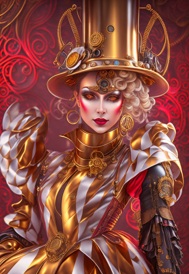 Steampunk-inspired female figure in decorative attire on red backdrop