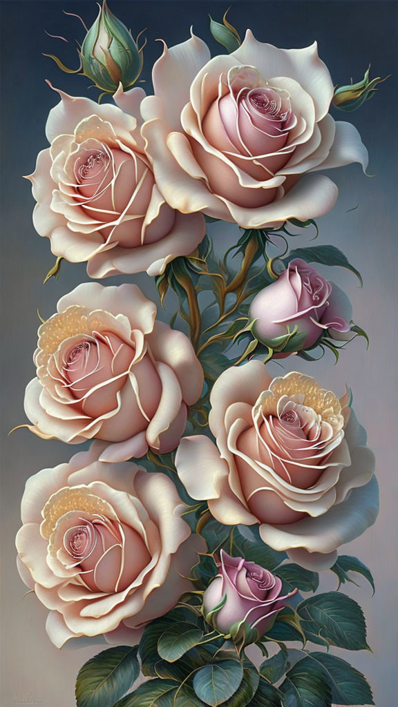 Detailed painting of cream and pink roses on neutral background