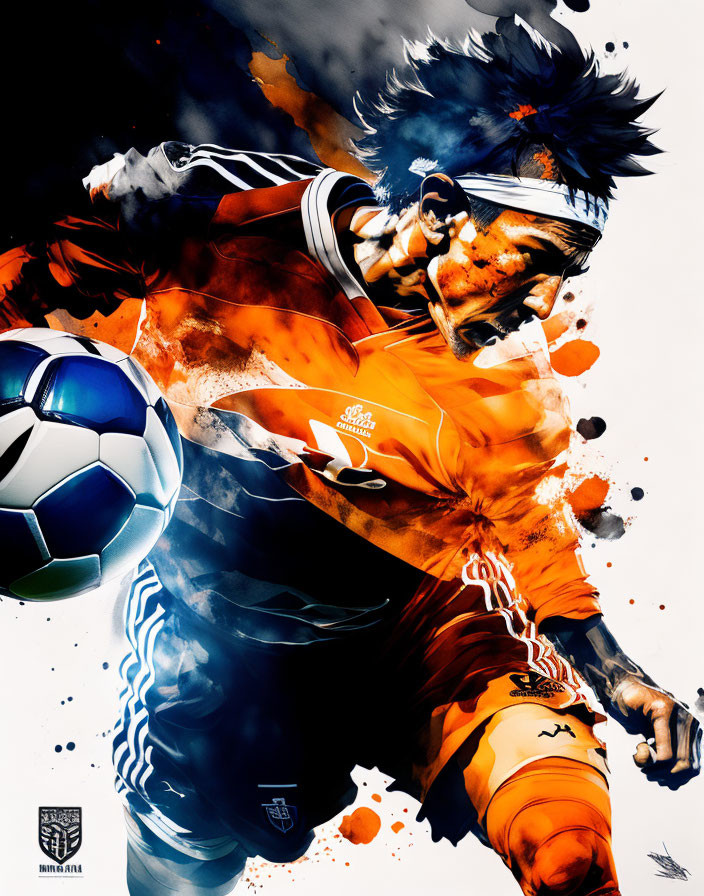 Anime-style soccer player in orange jersey mid-kick with vibrant colors.