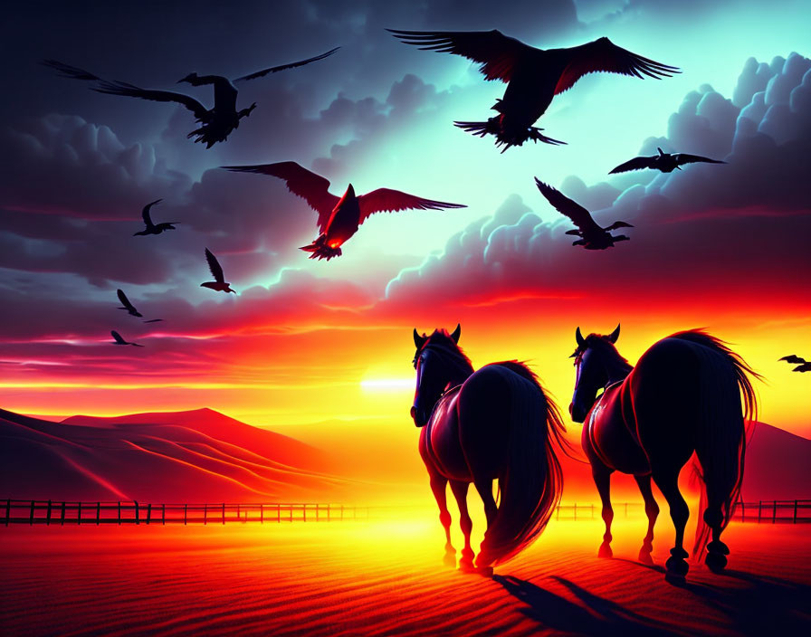 Two horses and birds under vibrant sunset sky with rolling hills