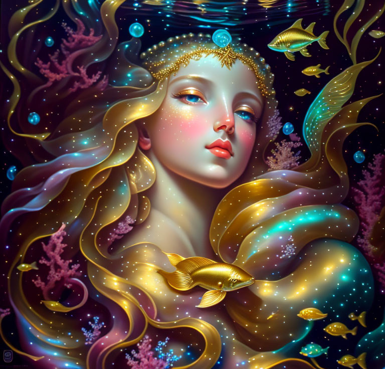 Fantastical image: Woman with golden hair, aquatic elements, fish, coral, and cosmic star