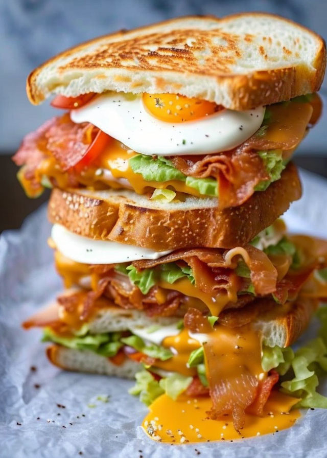 Tasty bacon and egg sandwich with melted cheese