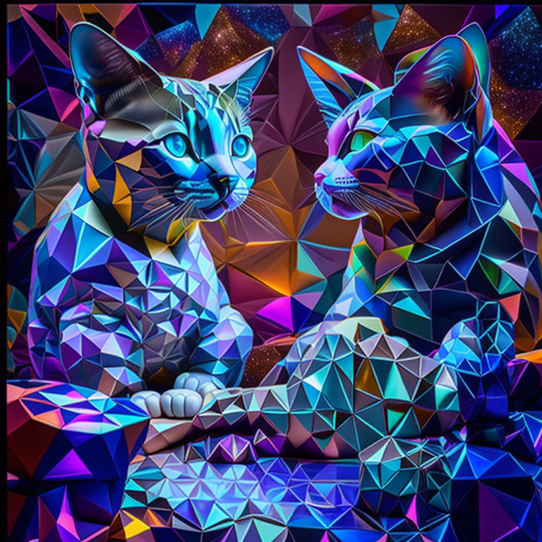 Stylized geometric cats with colorful mosaic pattern on kaleidoscopic background