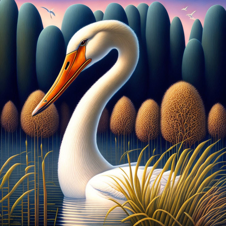 Stylized white swan with orange beak in serene nature scene
