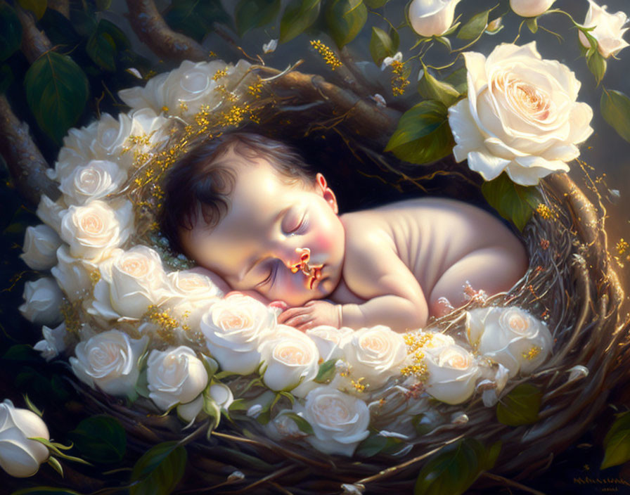 Sleeping Baby in Nest with White Roses and Blossoms in Soft Lighting