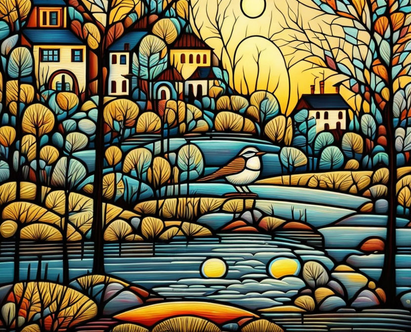 Colorful landscape painting with trees, houses, bird, and water reflections at twilight