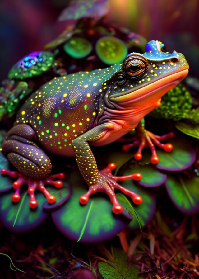 Colorful Digital Artwork: Fantastical Frog on Green Foliage