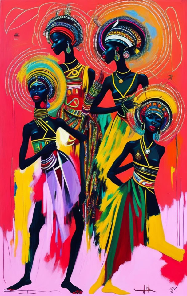 Stylized figures in African attire on vibrant red background