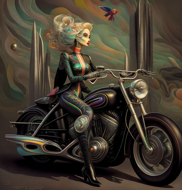 Futuristic woman on motorcycle with elaborate hairstyles and tattoos
