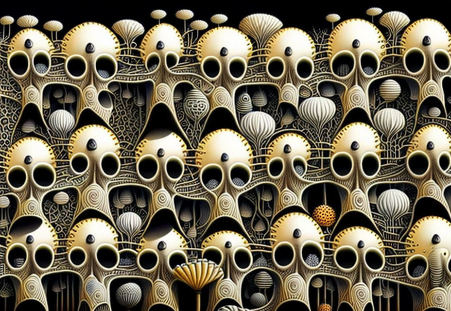 Monochromatic abstract digital art with skull-like shapes and repetitive patterns