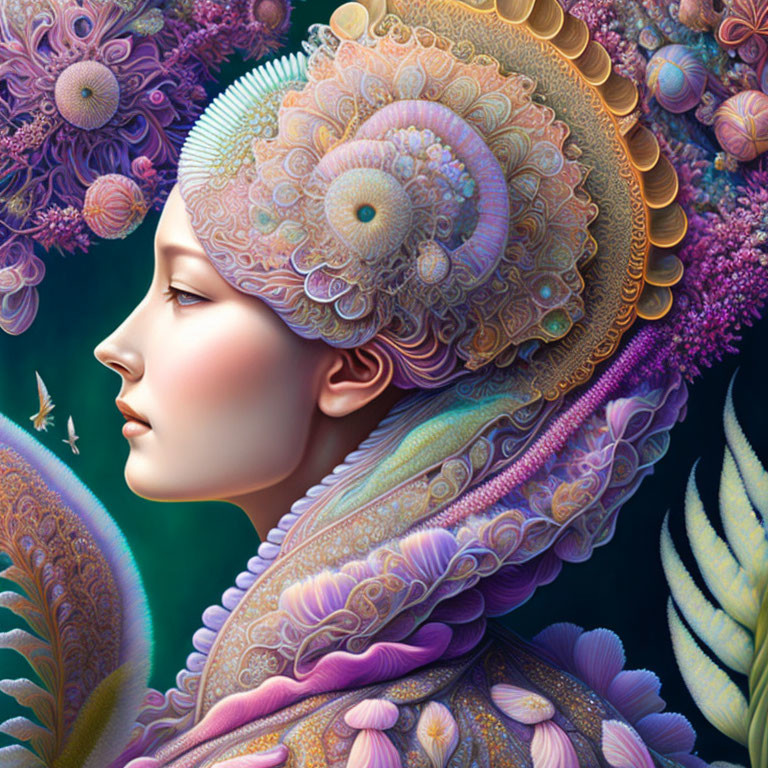 Colorful Floral Designs Adorn Woman in Surreal Botanical Scene