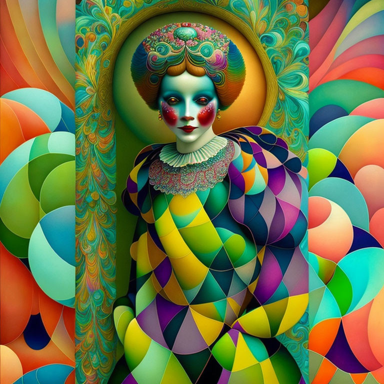 Colorful digital art: Stylized female figure with halo, intricate patterns, multicolor background