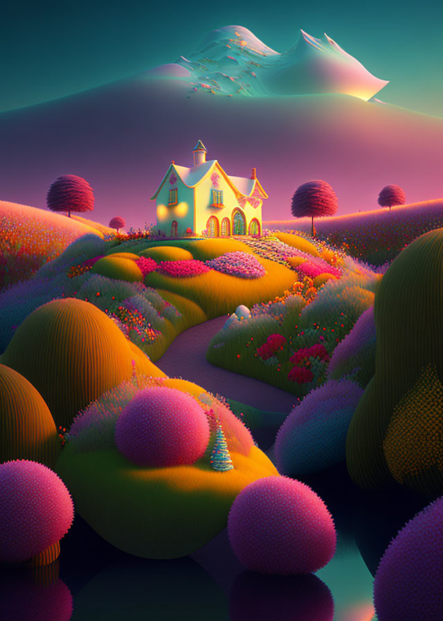 Colorful Rolling Meadow with Quaint House in Surreal Pink Sky