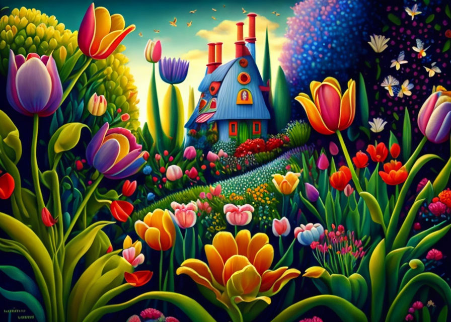 Whimsical cottage surrounded by oversized tulips and flowers
