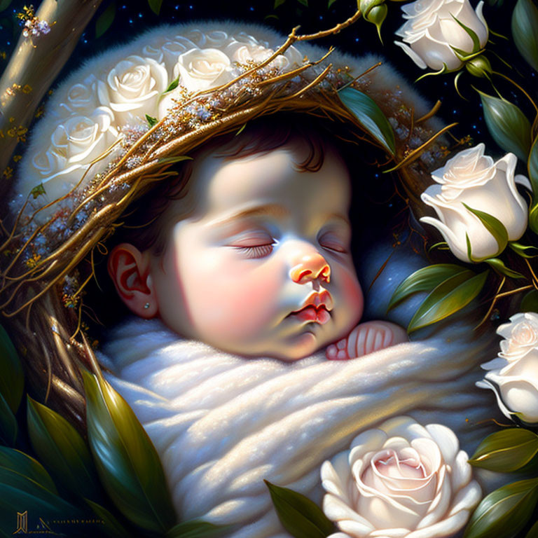 Illustration of sleeping baby cradled by nature with crown of twigs and stars, surrounded by