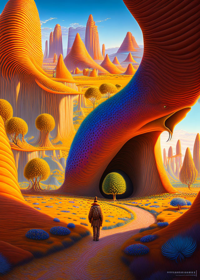 Surreal landscape with orange rock formations, swirled structures, blue flowers, and lone figure