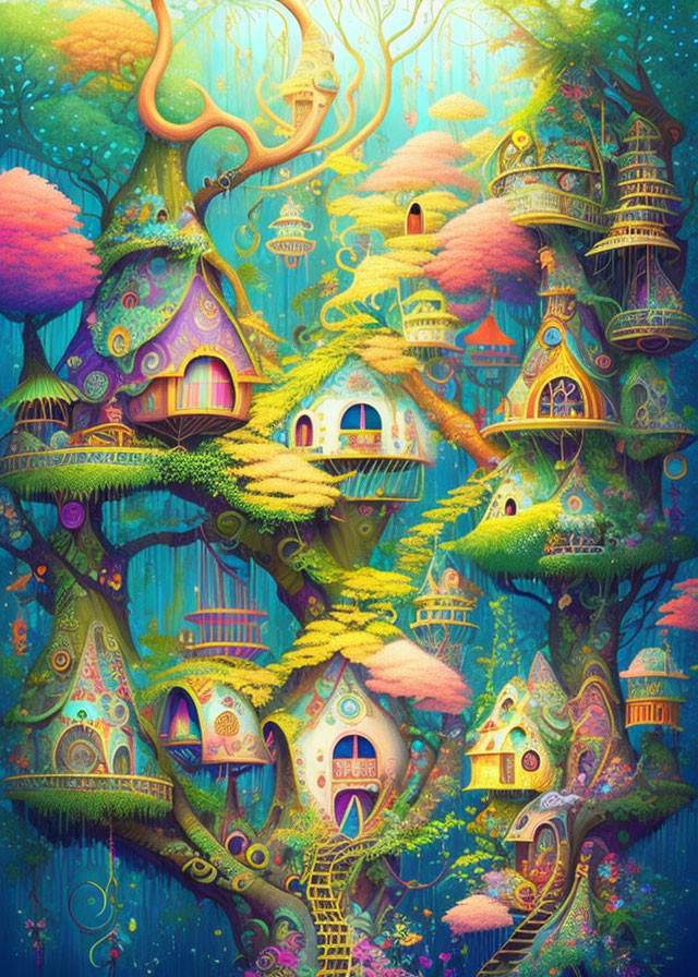 Colorful Fantasy Forest with Whimsical Treehouses and Glowing Lights