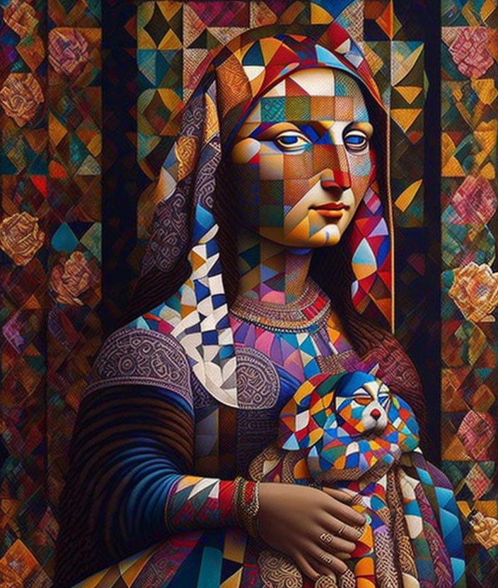 Colorful Cubist-Style Mona Lisa Reinterpretation with Geometric Patterns