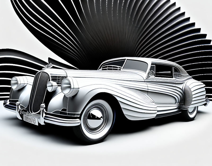 Stylized vintage car with white and black lines on fan-like background
